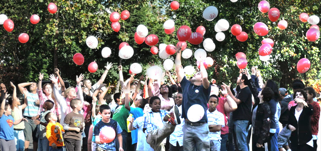 Westbrideg Academy students and staff releasing anti-bullying baloons