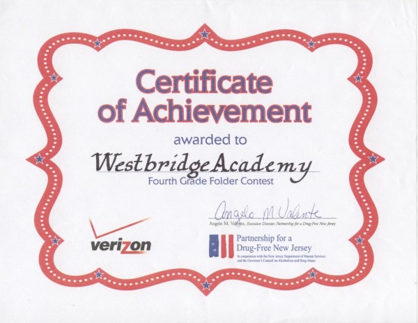 Westbridge Academy recognized for participation in Verizon and Partnership for a Drug Free New Jersey 4th Grade Folder Competition