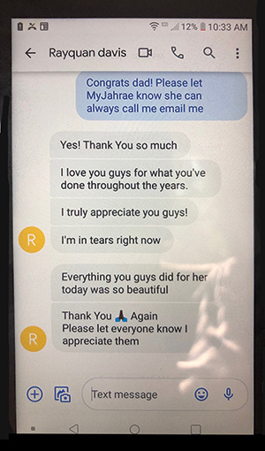MyJahraes congratulatory text message with his dad