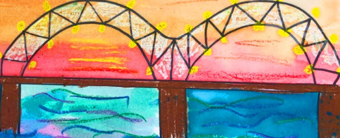 Student artwork in pastels of colorful bridge