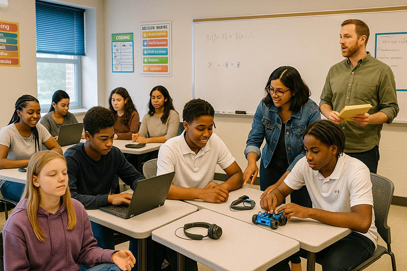 Students in a classrooom engaging in various learning activities