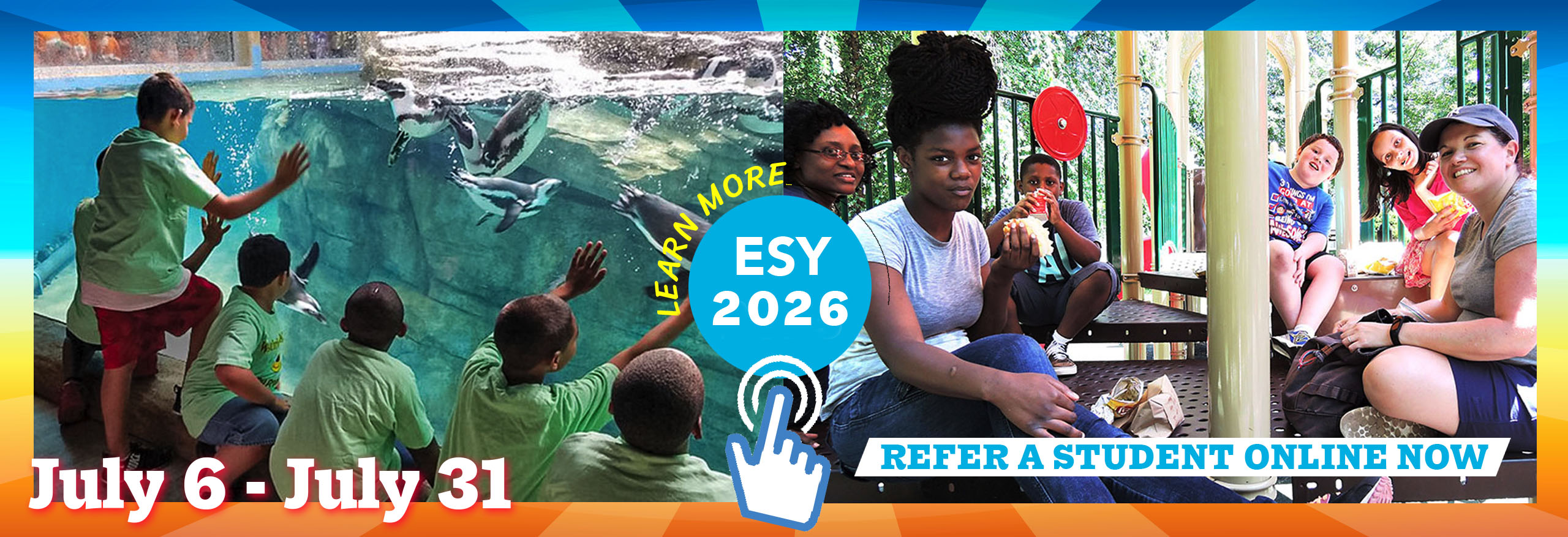 Large banner image of ESY program activities and showing dates and linking to more info about 2026 ESY program at Westbridge 